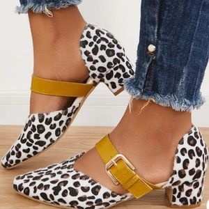 Leopard Print Block Heels with Yellow Strap